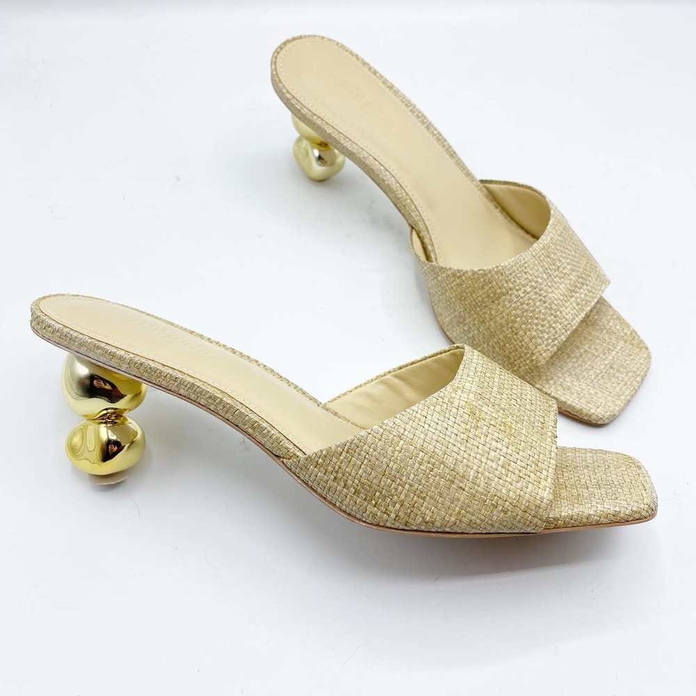 CULT GAIA Gigi Sculpted Gold Heel Woven Slide Sandals in Natural Size 37 NEW